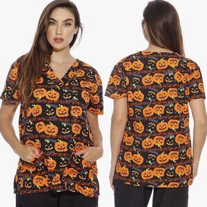 Halloween Pumpkin Scrub Top Orange‎ Black Size Large Just Love Tee V-Neck Top L